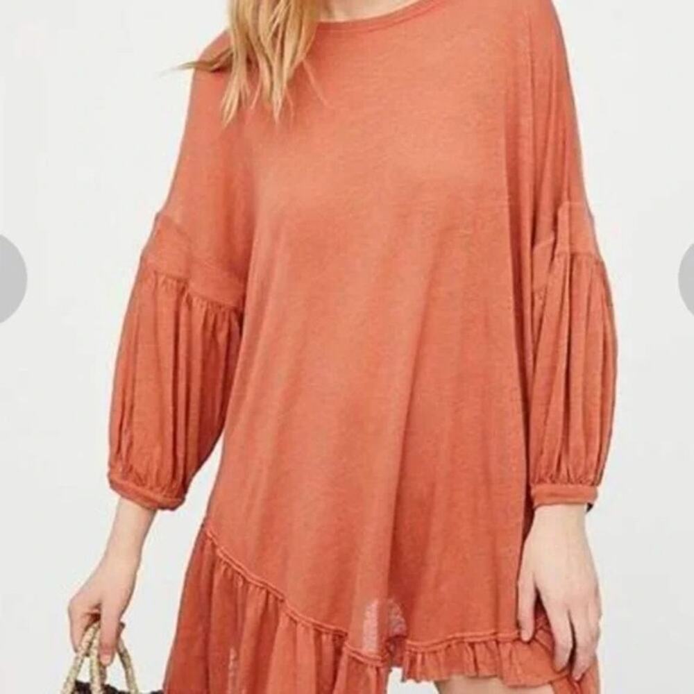 Free People Beach Orange Rust Riverside Linen Blend Ruffle Boho Tunic XS